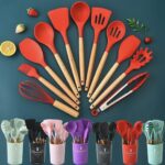 Silicon cooking spoon set with wooden handles
