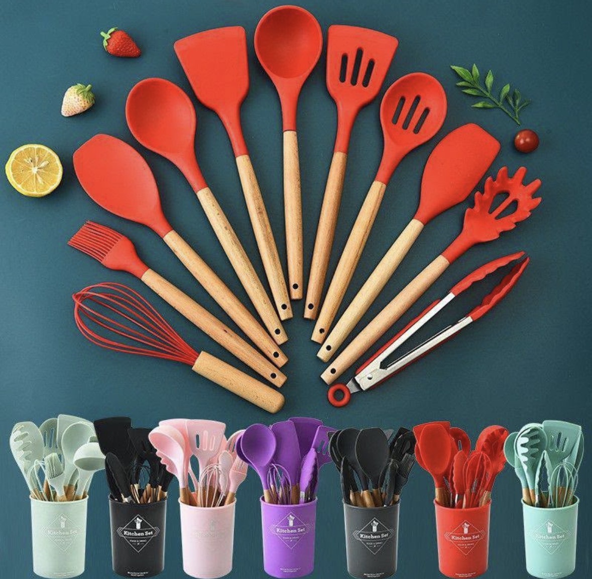 Screenshot Silicon cooking spoon set with wooden handles - Image 1